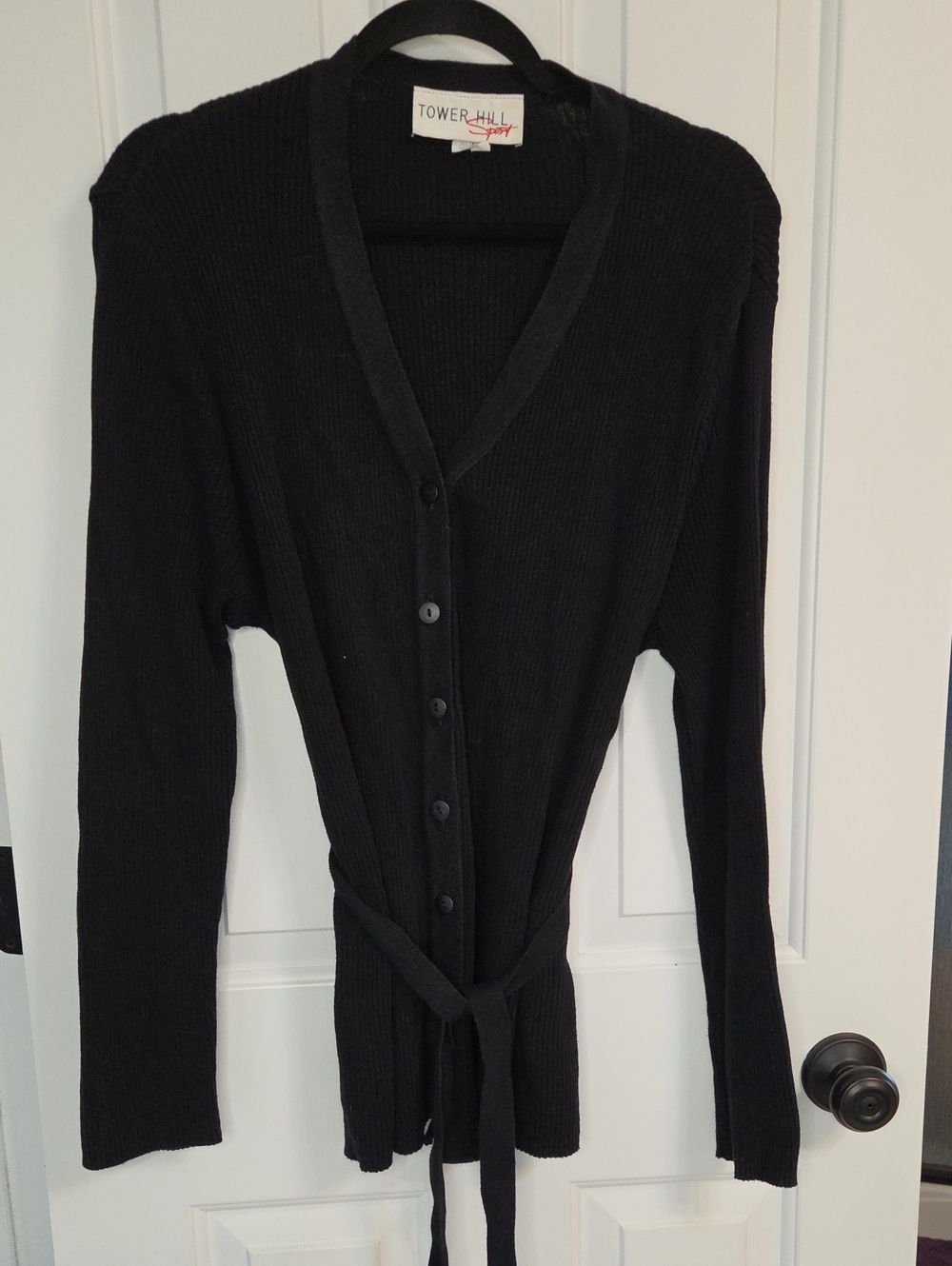 Black Ribbed V-Neck Button Cardigan with Waist Tie